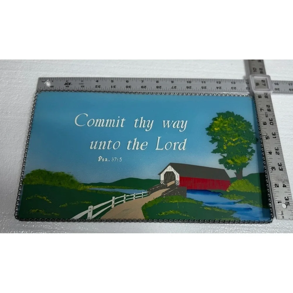 Vtg Mirrored Glass Hand Painted Religious Christian Decor Sign Barn Chain Link